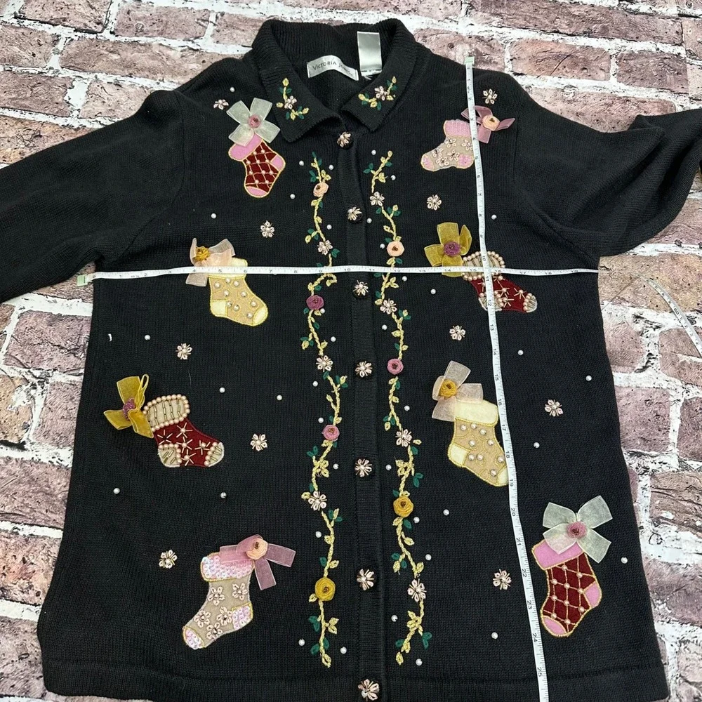 Victoria‎ Jones Black Christmas Stocking Applique Cardigan Sweater Womens M